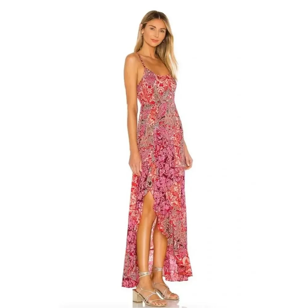 Free People Intimately Forever Yours Paisley Ruffle Maxi Slip Dress Red Pink M